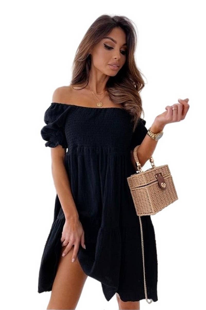 CWDSD8921_OFF-SHOULDER PLEATED SOLID COLOR DRESS