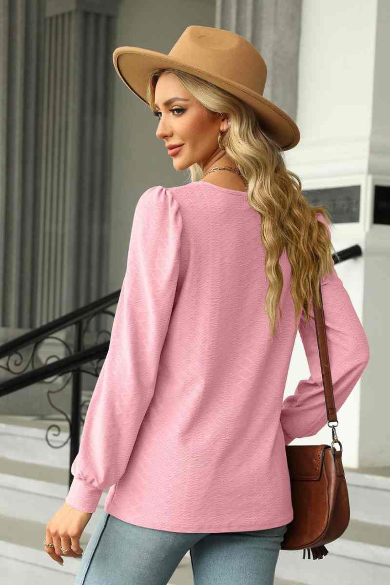 CWTBLL2832_AUTUMN SQUARE NECK JACQUARD LONG-SLEEVED TOP