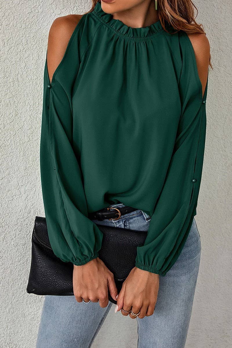 CWTBLL4083_SOLID RUFFLE MOCK NECK RUCHED COLD SHOULDER TOP