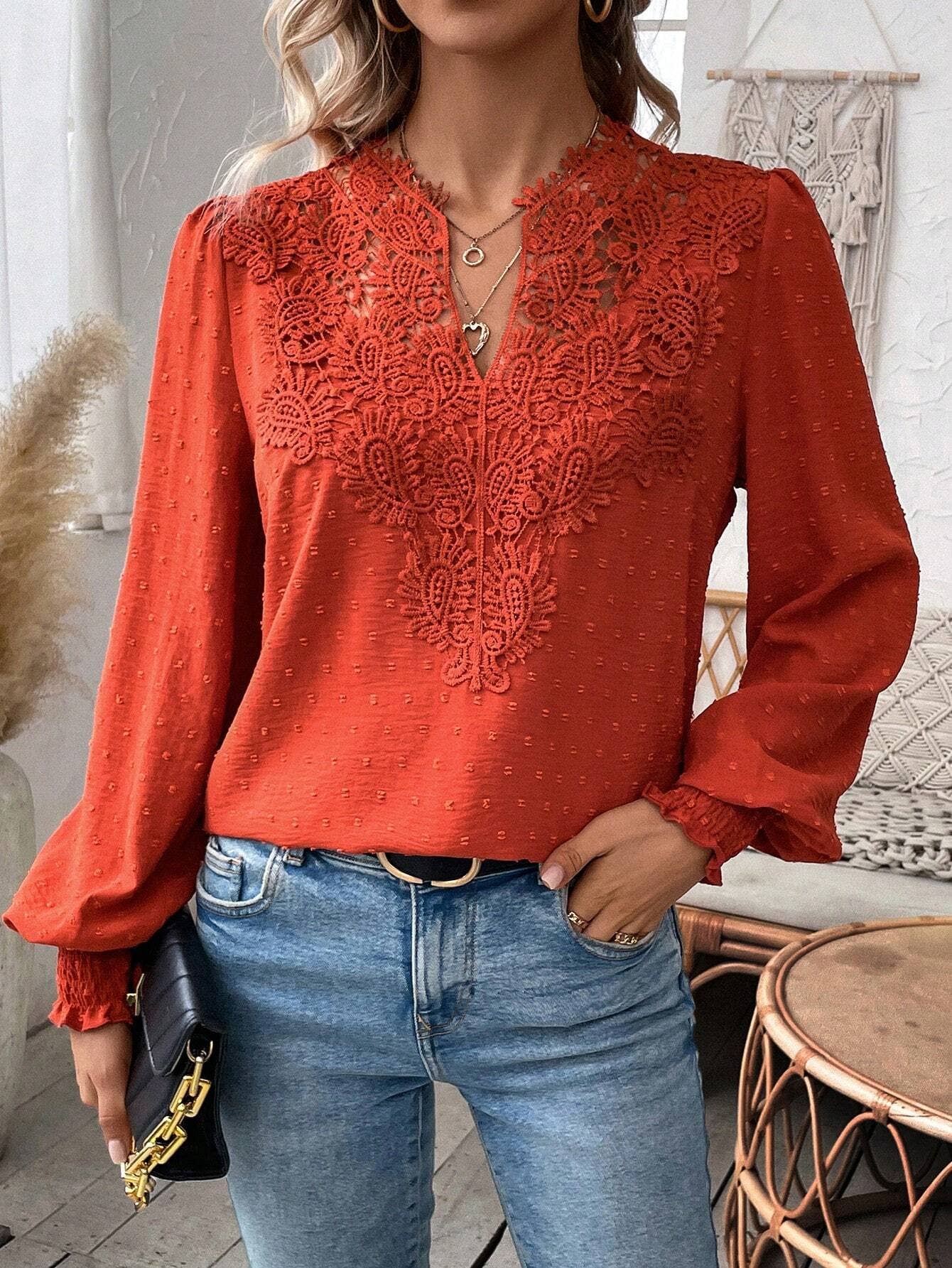 Fashion V-neck lace long sleeve casual T-shirt
