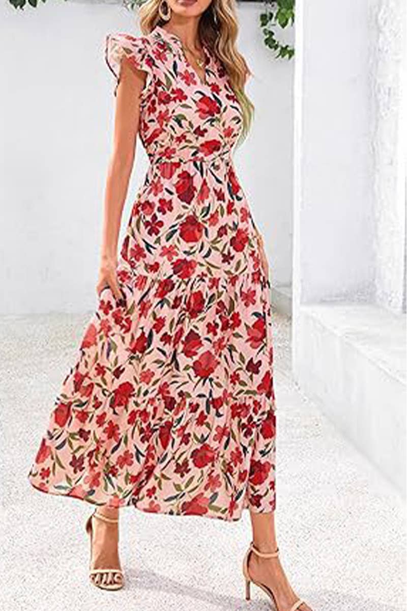 CWDMD6342_V-NECK PLEATED FLYING SLEEVES PRINTED MIDI DRESS