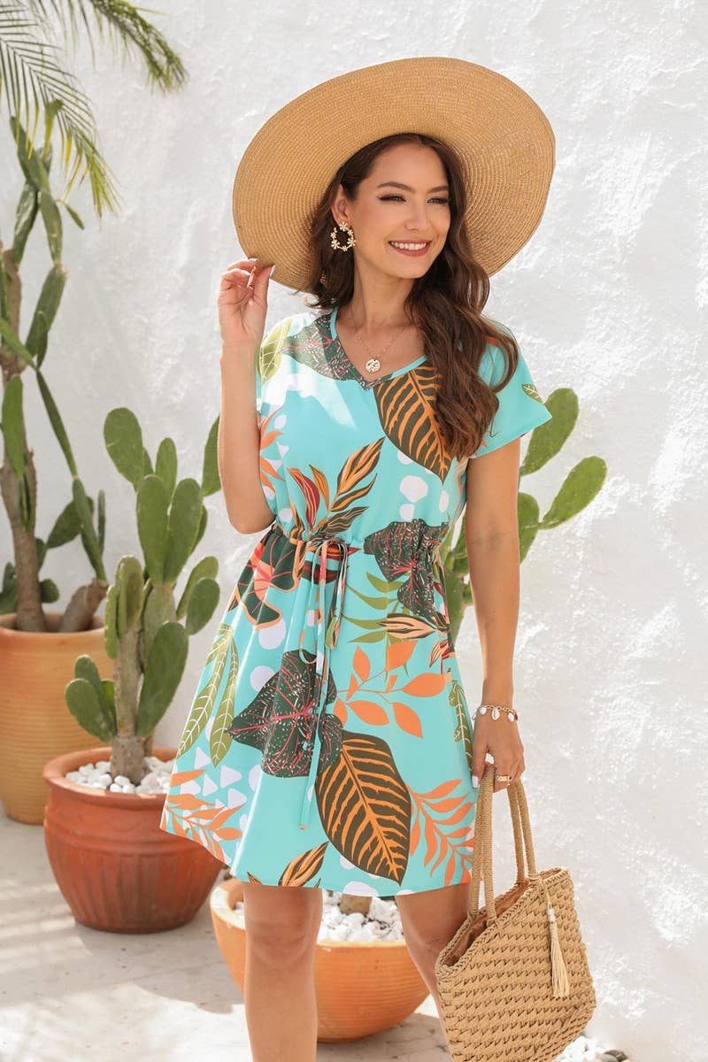 CWDSD4019_V-NECK FLORAL PRINT DRAWSTRING DRESS