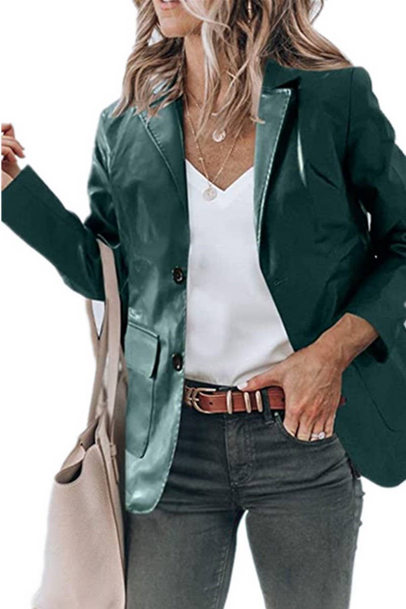 CWOCO0982_LAPEL SINGLE BREASTED SOLID COLOR PU LEATHER COAT