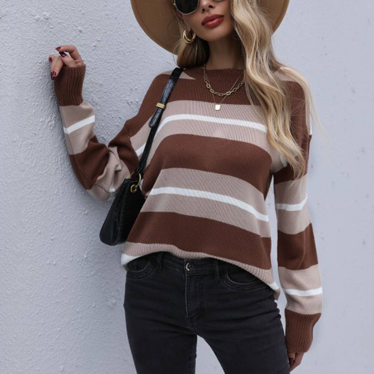 CASUAL BAGGY LONG-SLEEVED STRIPED SWEATER BASE