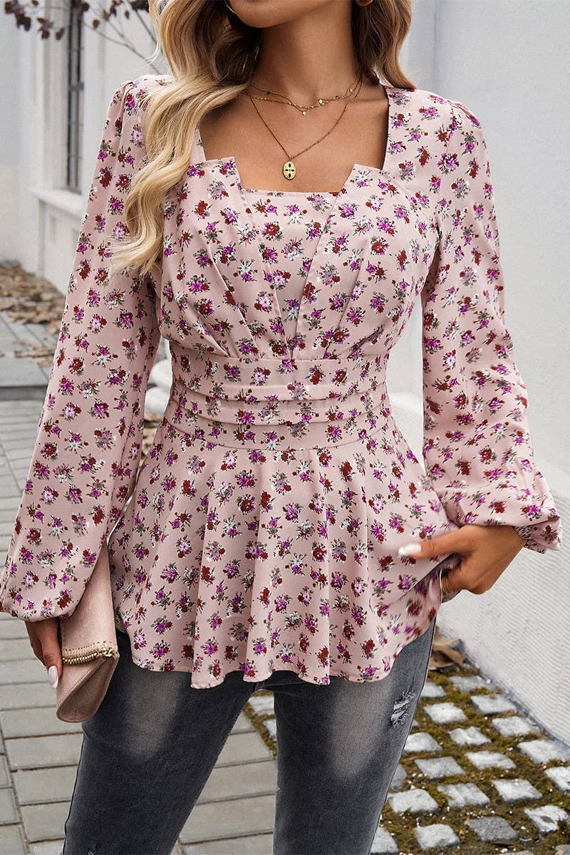 CWTBLL1450_PUFF SLEEVE FOREST FLORAL LONG SLEEVE TOP