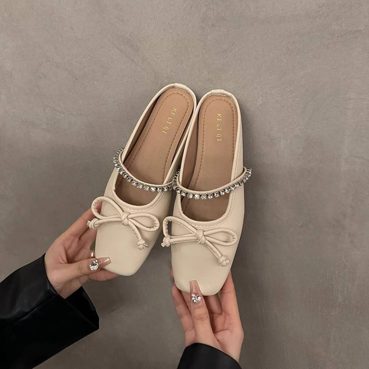 Silver Bow Mules for Women Flat Closed Toe
