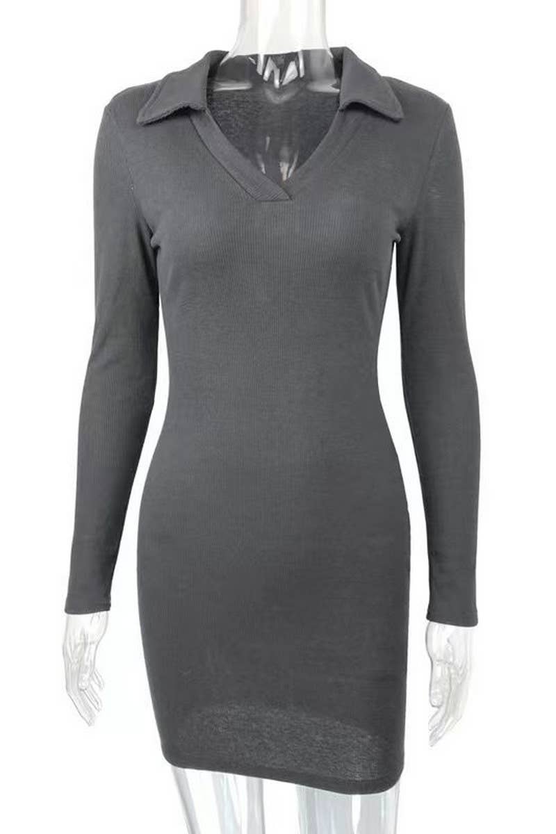 CWDSD7461_LAPEL RIBBED KNIT LONG SLEEVE BOTTOMING DRESS