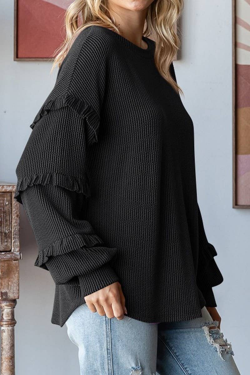 CWTBLL3202_BALLOON SLEEVE CREW NECK LAYERED SLEEVE PULLOVER