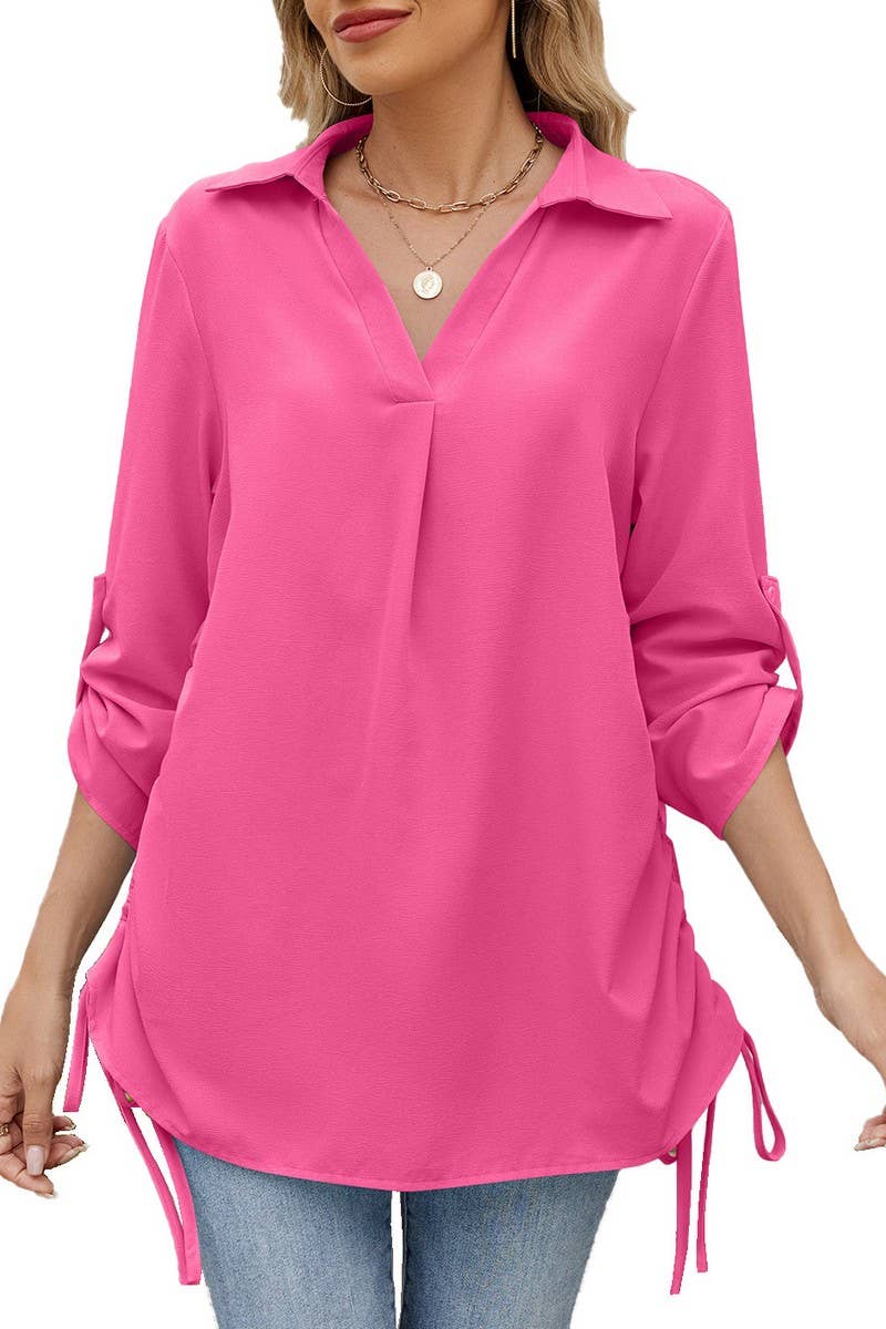 CWTSTL2787_SOLID COLOR LAPEL LOOSE SHIRT CHIFFON TOP