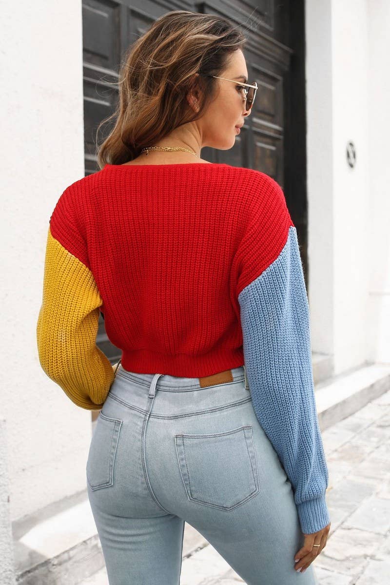 CWOCAL1183_DOUBLE-BREASTED CONTRAST-COLOR KNITTED CARDIGAN