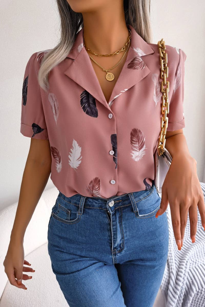 CWTDSS0051_SUIT COLLAR FEATHER LOOSE SHORT-SLEEVED SHIRT