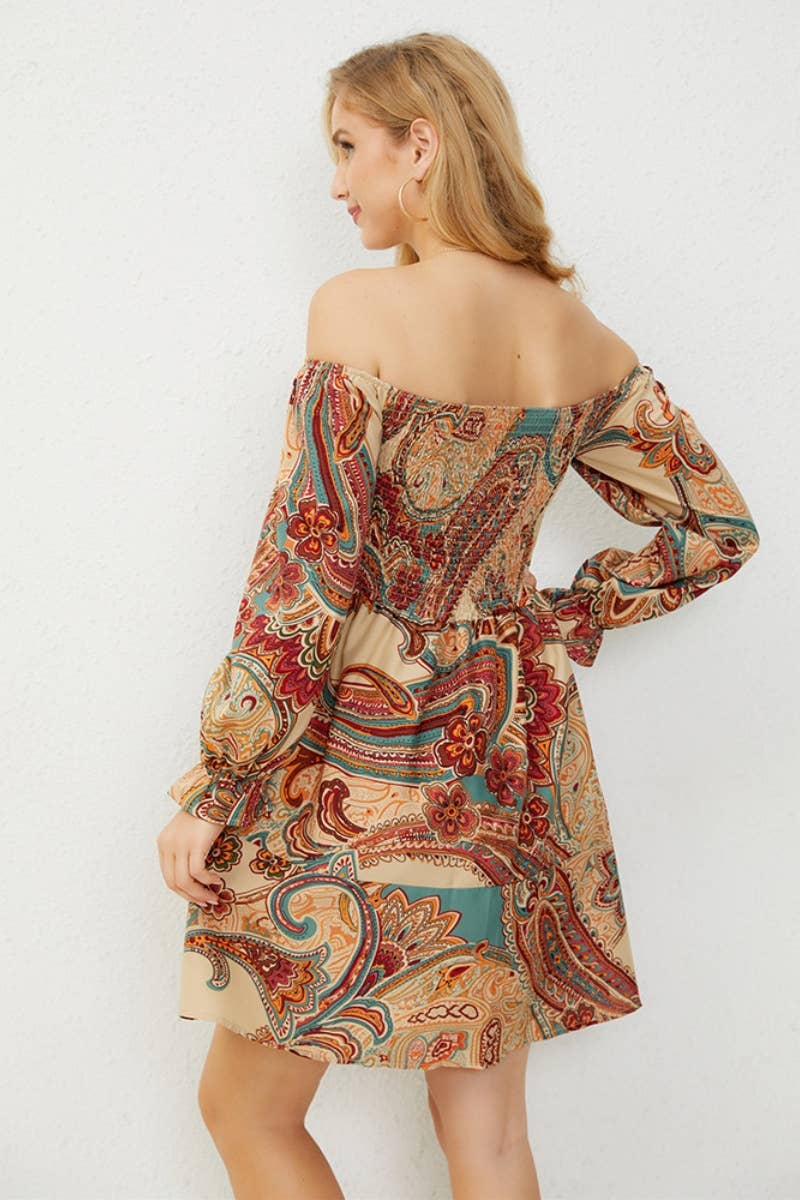 CWDSD3722_ONE-SHOULDER LONG-SLEEVED PRINTED SHORT DRESS