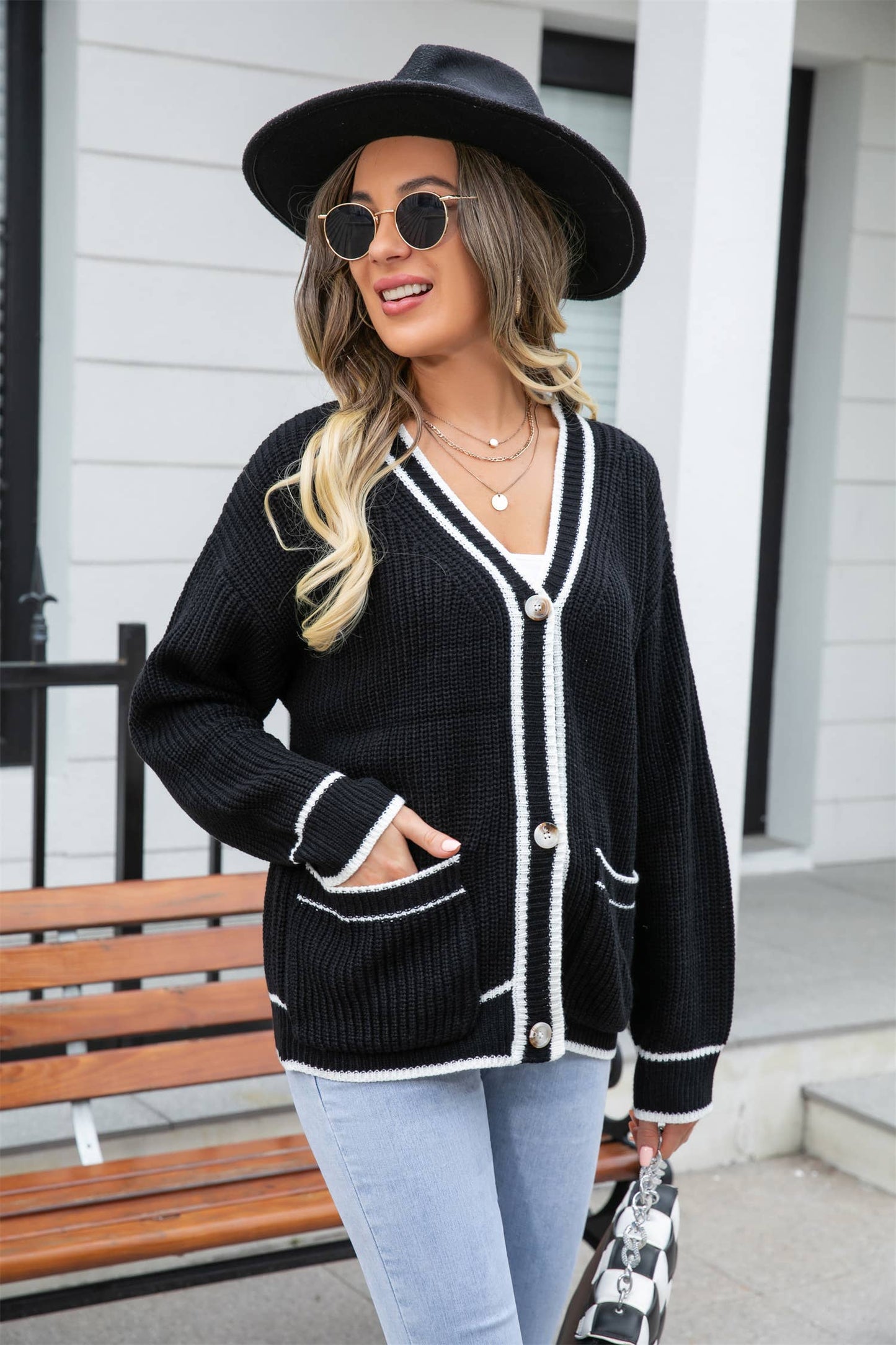Color matching pocket coat V-neck sweater coat