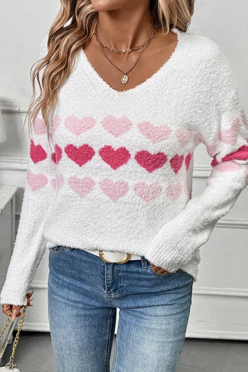 CWOSWL6902_V-NECK LONG SLEEVE HEART PRINT SWEATER