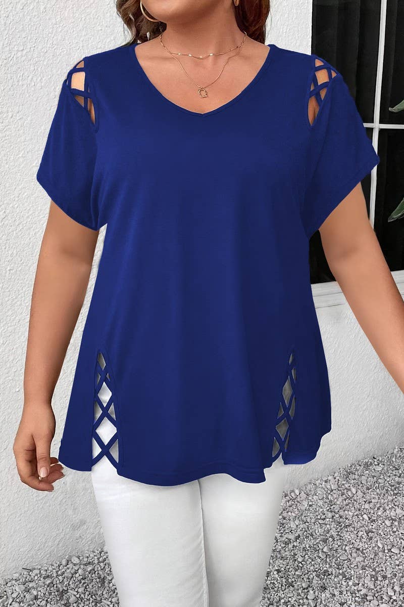 CWTBLS2188_SOLID V-NECK CRISSCROSS SHORT SLEEVE T-SHIRT