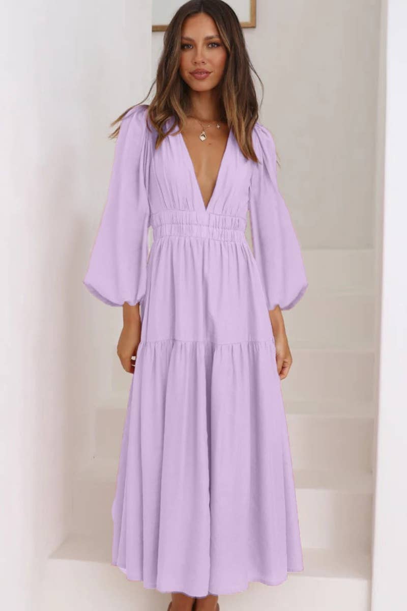 CWDMD4036_AUTUMN V-NECK LONG SLEEVE WAIST DRESS LONG STYLE