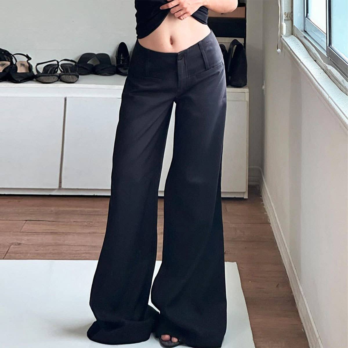 BASIC SOLID COLOR LOW-RISE CROP SUIT SLACKS