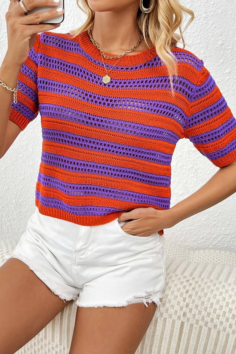 CWOSWS0043_Round Neck Short Sleeve Striped Knit Sweater