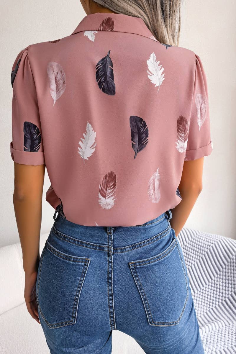 CWTDSS0051_SUIT COLLAR FEATHER LOOSE SHORT-SLEEVED SHIRT