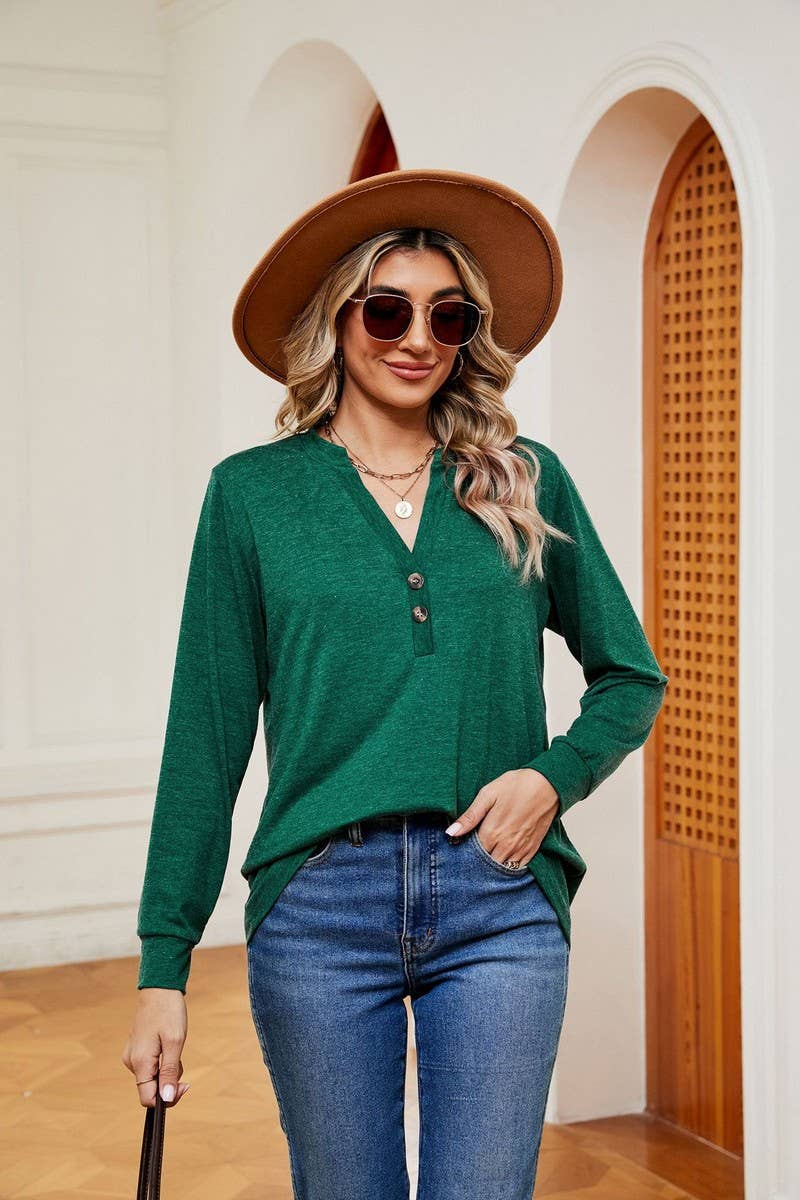 CWTBLL2371_V-NECK BUTTON LONG SLEEVE LOOSE PULLOVER TOP
