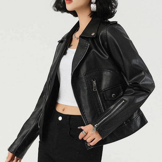 Spring Crop PU Biker Jacket??œSlim Fit Leather Coat_CWMM9019