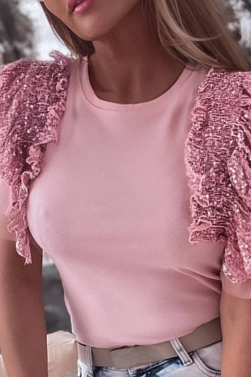 CWTBLS1402_SUMMER CREW NECK SEQUINED SHORT-SLEEVED TOP