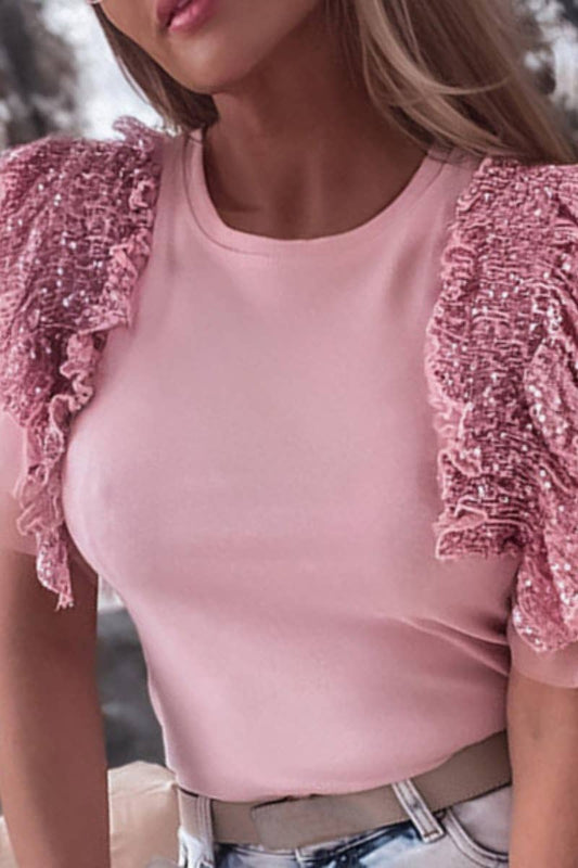 CWTBLS1402_SUMMER CREW NECK SEQUINED SHORT-SLEEVED TOP