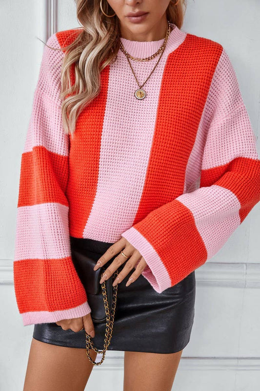 CWOSWL2816_LOOSE-FITTING CONTRAST STRIPED KNITTED SWEATER