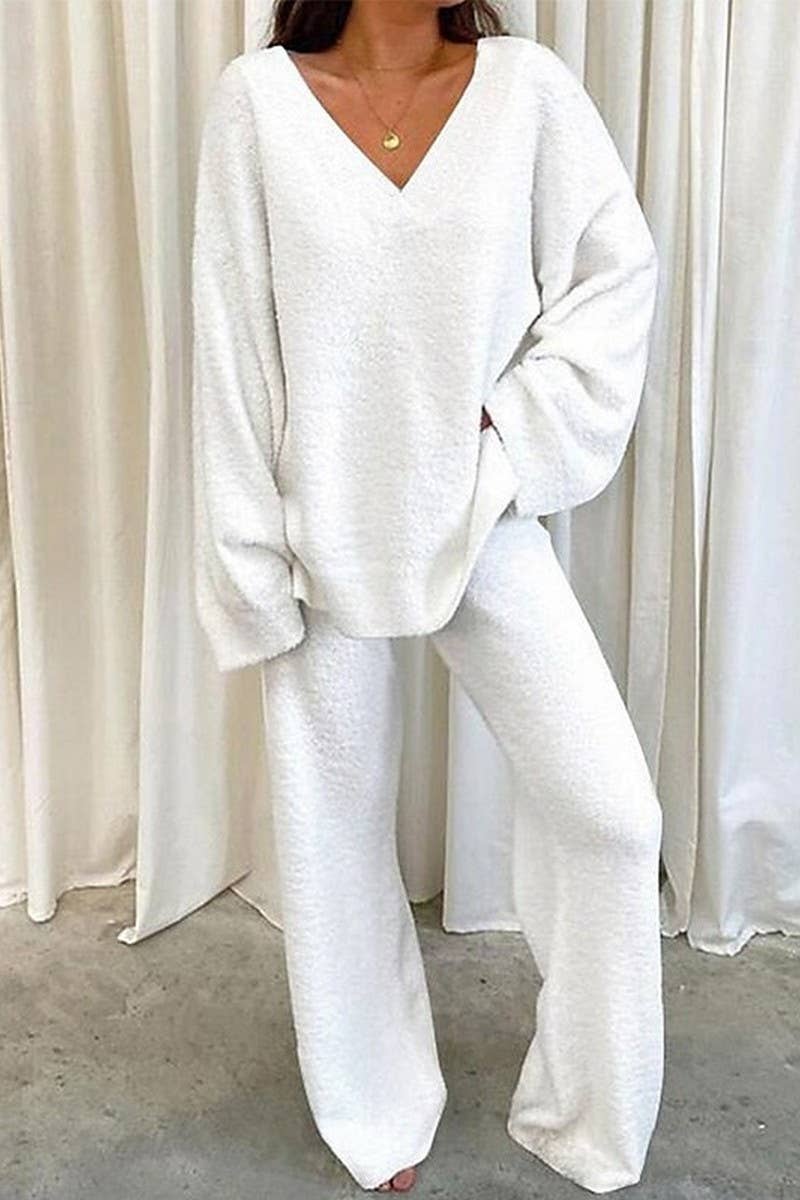 CWSTB00381_SOLID COLOR V-NECK CASUAL HOME WARM SUIT