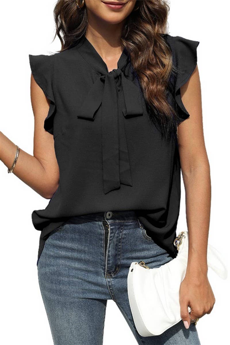 CWTTSL0520_SUMMER V-NECK LOTUS SLEEVE SOLID COLOR SHIRT