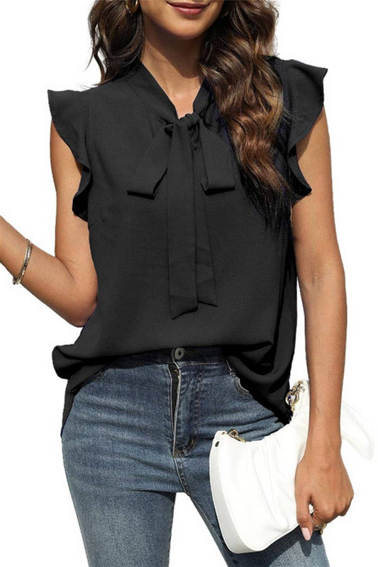 CWTTSL0520_SUMMER V-NECK LOTUS SLEEVE SOLID COLOR SHIRT