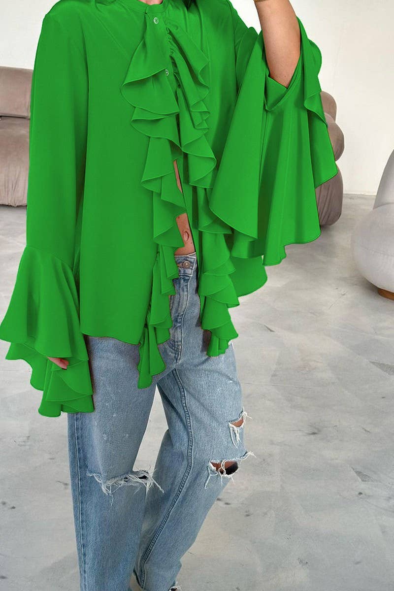 CWTBLL3342_SOLID COLOR RUFFLED LONG SLEEVE SHIRT TOP