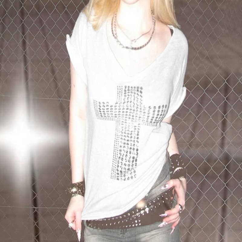 Cross copper embossed casual V-neck loose Top