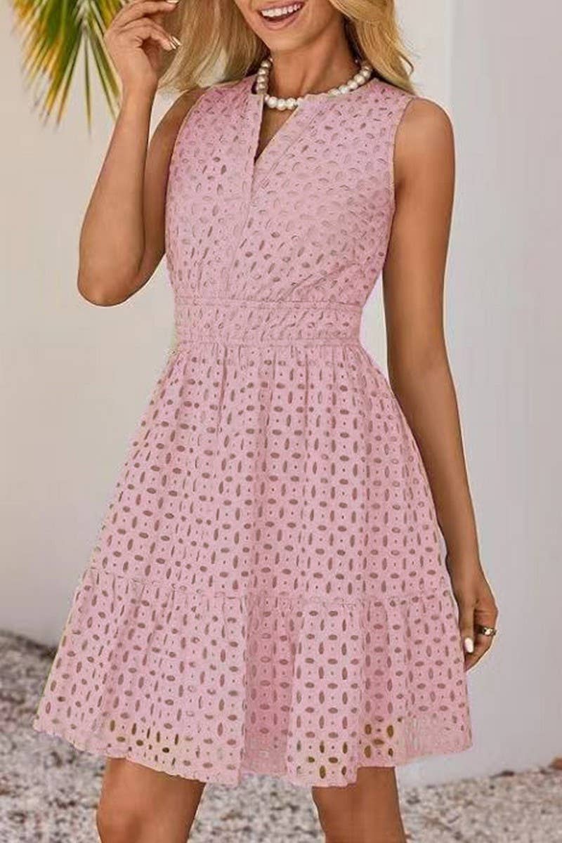 CWDSD8008_SUMMER V-NECK HOLLOW EYELET HIGH WAIST DRESS