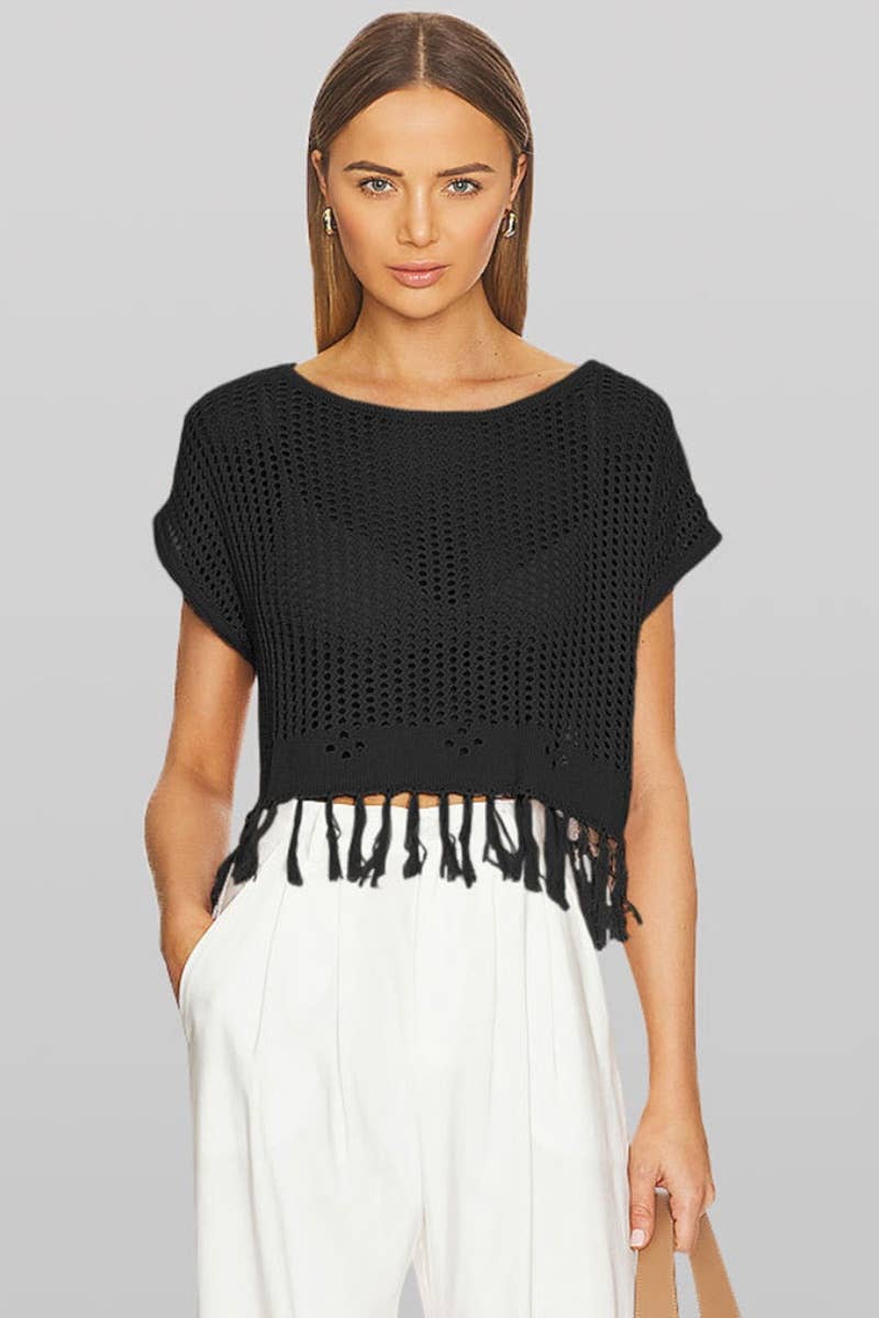 CWTBLS0743_KNITTED CREW NECK SHORT SLEEVE BEACH FRINGE TOP
