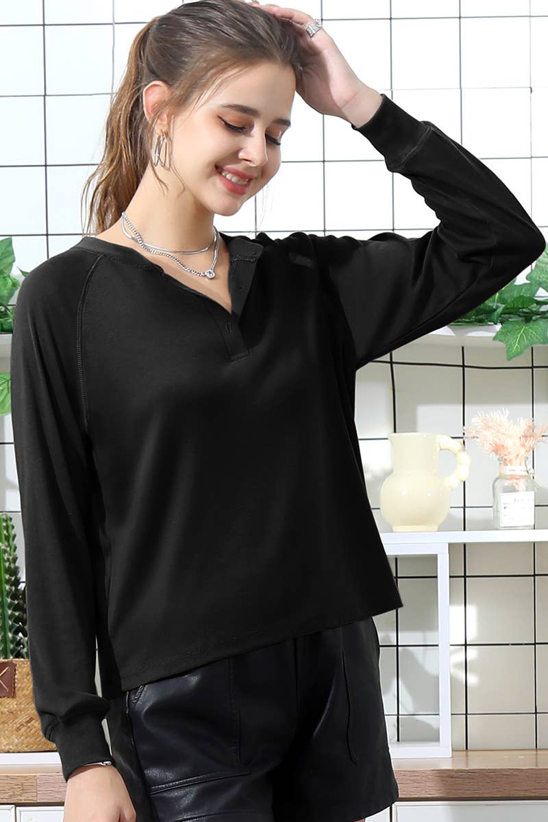 CWTTL1003_SOLID BUTTON DOWN RIB KNIT RAGLAN LONG SLEEVE TOP