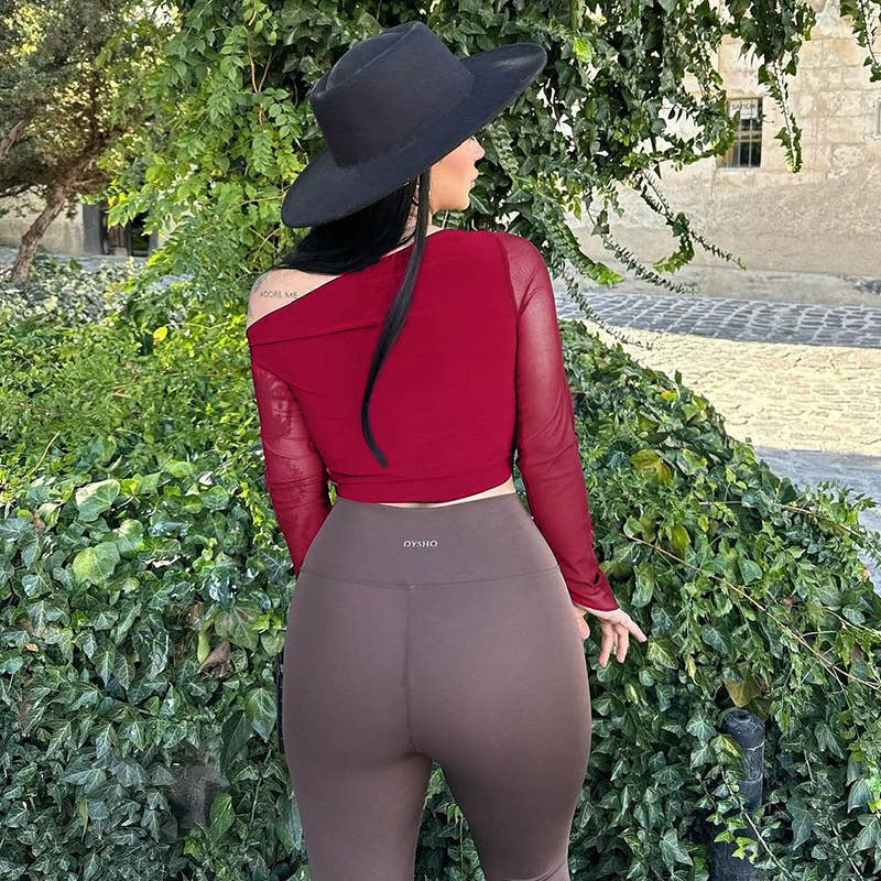 ELEGANT SLIM SLANT SHOULDER MESH SLEEVE TOP