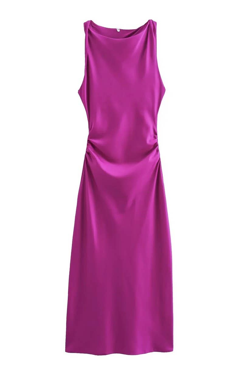 CWDMD4173_ROUND NECK SLEEVELESS BLACK SATIN DRESS