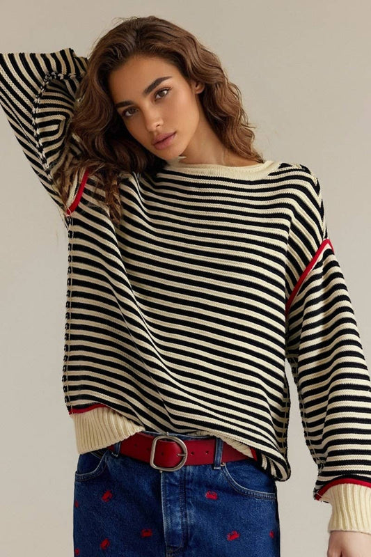 CWOSWL6946_STRIPED CREWNECK KNIT PULLOVER SWEATER