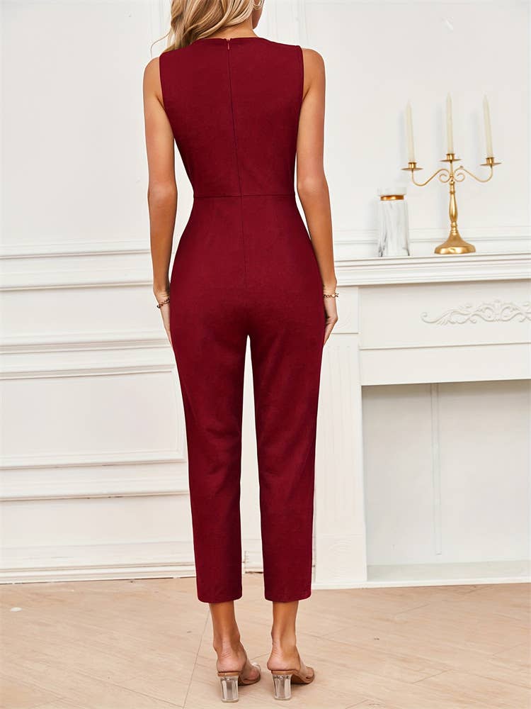 Cross collar gold buckle chain casual jumpsuit