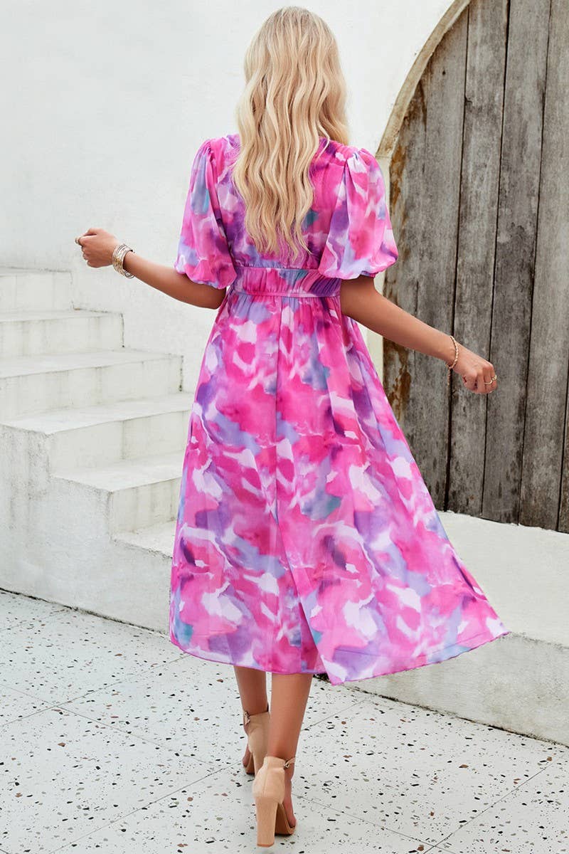 CWDMD0995_Deep V-Neck Short Sleeve Floral Print Midi Dresses