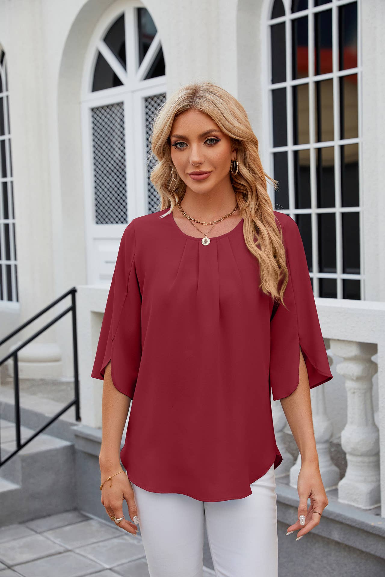 Crew-neck loose chiffon with five-quarter sleeves