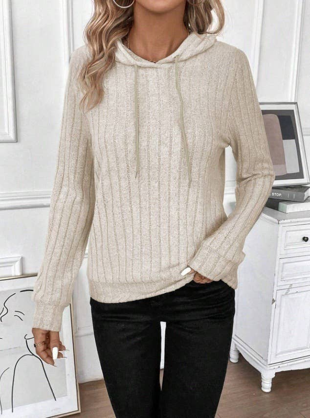 CASUAL RIBBED PULLOVER HOODED LONG-SLEEVE HOODIE
