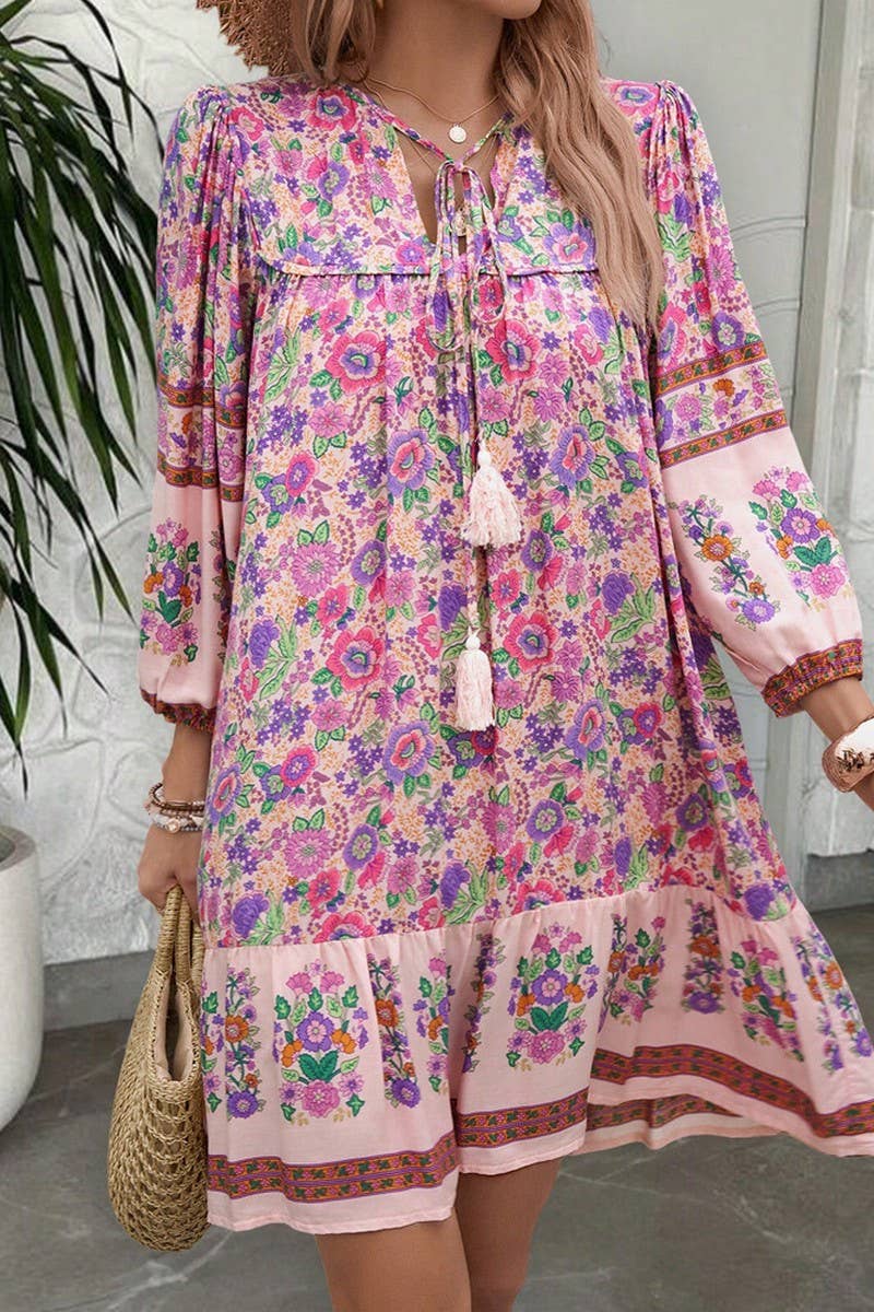 CWDSD8924_SPRING AND SUMMER V-NECK LACE-UP PRINT DRESS