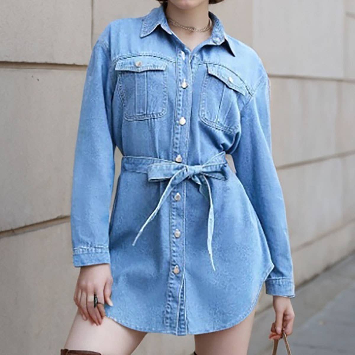 Denim lapel non-elastic lace-up mid-length dress