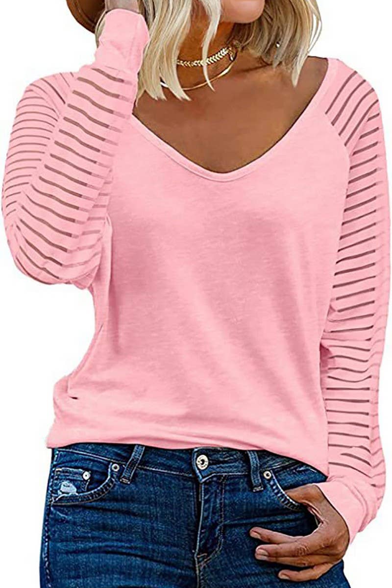 CWTTL00994_SPRING AND AUTUMN LONG SLEEVE STRIPED V-NECK TOP
