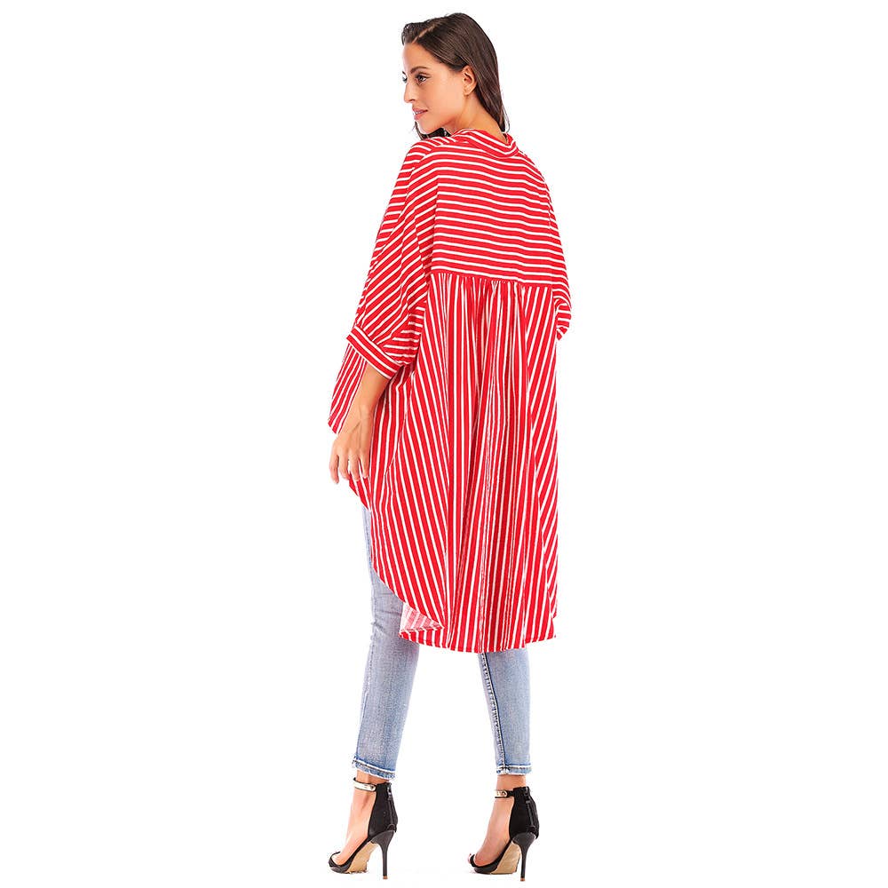 BAT-SLEEVED LOOSE DOVETAIL TREND STRIPED SHIRT