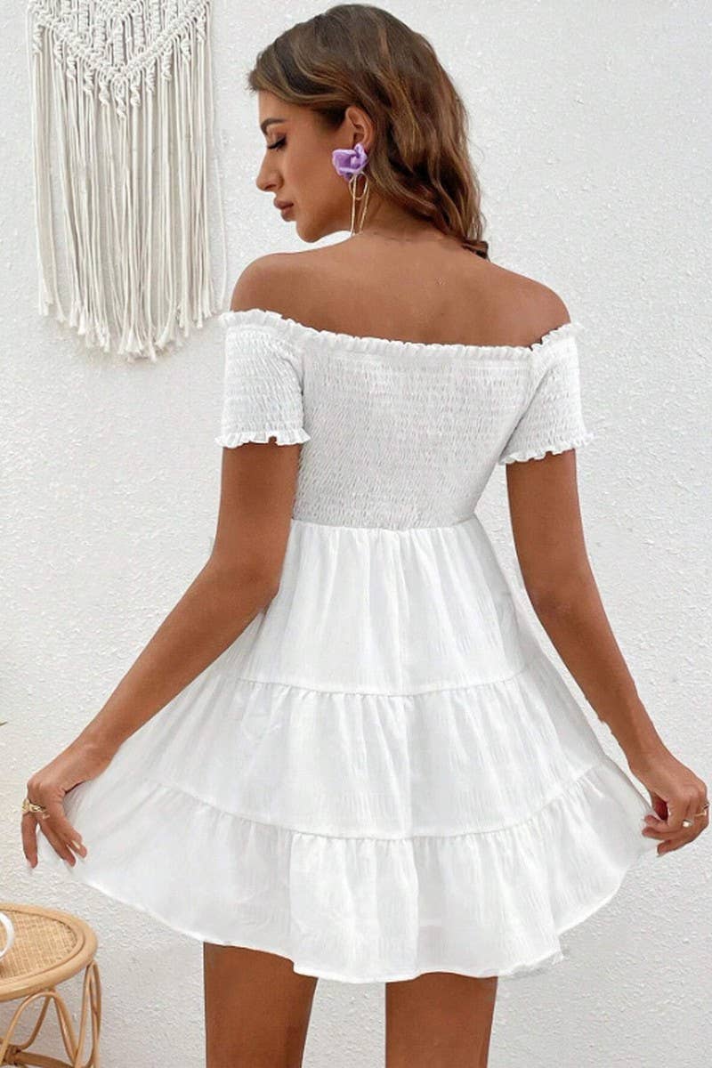 CWDSD8535_OFF SHOULDER RUFFLE TRIM PATCHWORK DRESS
