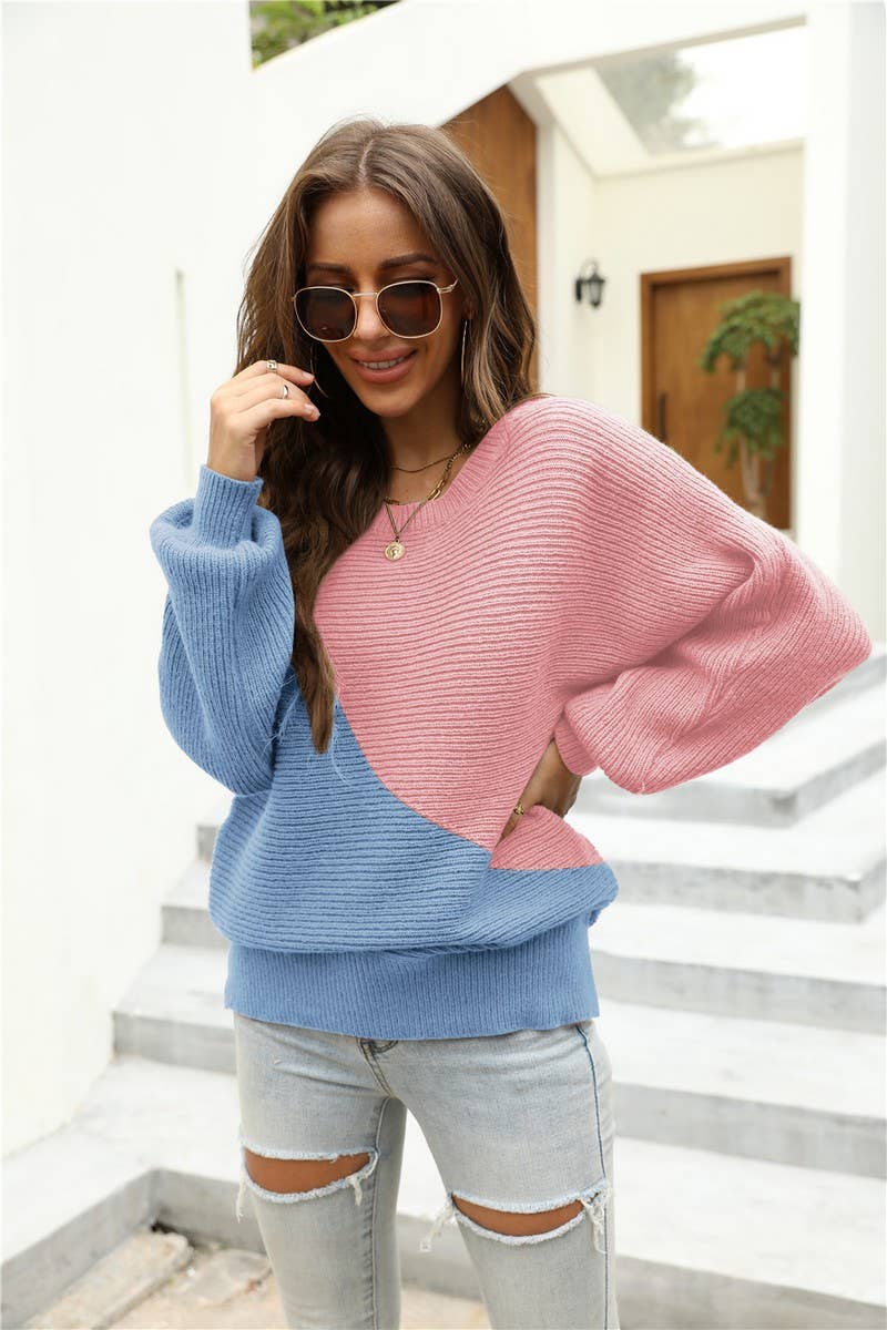 CWOSWL3173_CONTRAST COLOR STITCHING BATWING SWEATER