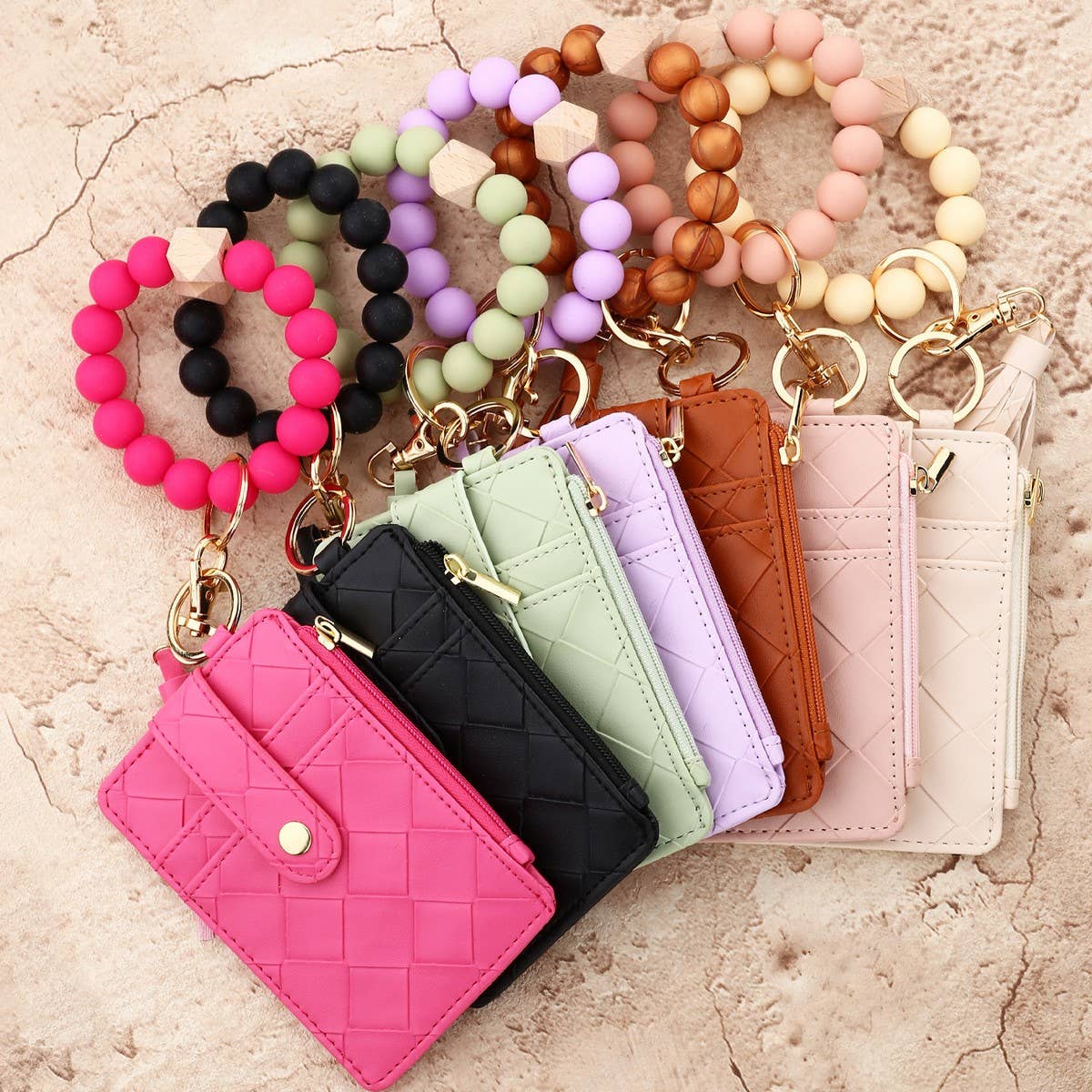 Plaid PU Card Wallet with Silicone Bead Keychain_CWAB4970